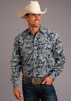 Stetson Mens Snap 2 pocket Deep Marine Paisler Print Blue - Broken horn
