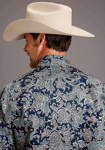 Stetson Mens Snap 2 pocket Deep Marine Paisler Print Blue - Broken horn