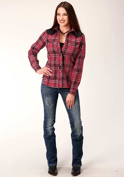 Roper Womens Snap Shirt Bright Red Plaid Shirt - Broken horn