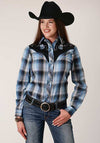 Roper Women's Snap Fancy Applique Blue and Navy Plaid Shirt - Broken horn
