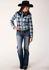 Roper Women's Snap Fancy Applique Blue and Navy Plaid Shirt - Broken horn