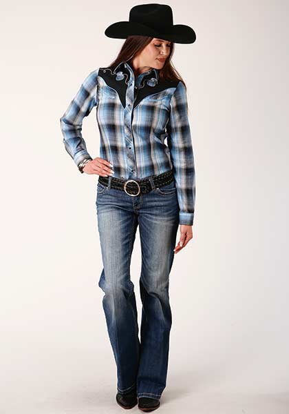 Roper Women's Snap Fancy Applique Blue and Navy Plaid Shirt - Broken horn