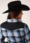 Roper Women's Snap Fancy Applique Blue and Navy Plaid Shirt - Broken horn