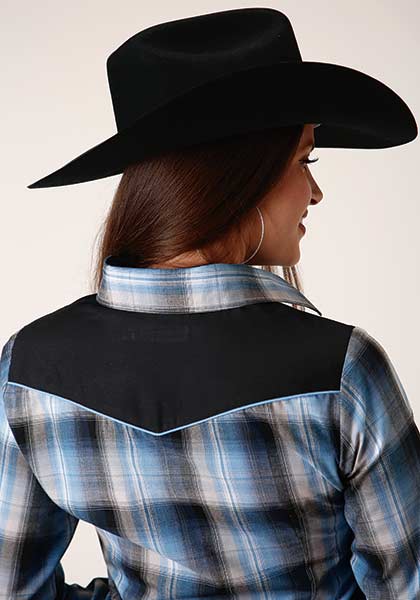 Roper Women's Snap Fancy Applique Blue and Navy Plaid Shirt - Broken horn