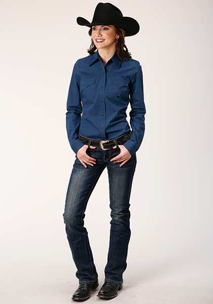 Roper Women's Snap Shirt Solid Blue - Broken horn