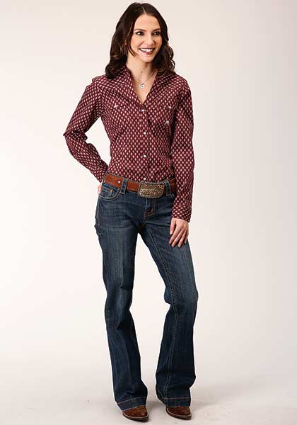 Roper Womens Amarillo Snap All Ove Print Point Diamond Wine - Broken horn