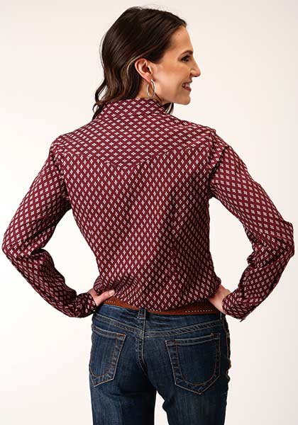 Roper Womens Amarillo Snap All Ove Print Point Diamond Wine - Broken horn