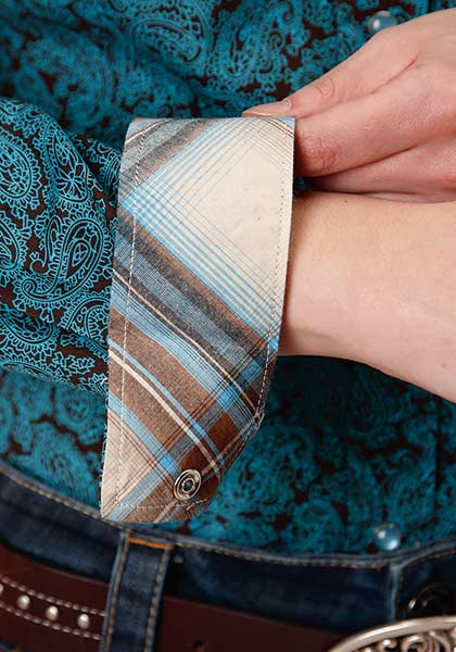 Roper Womens Shirt Snap Amarillo Snap All Over Agave Paisley Turquoise - Broken horn