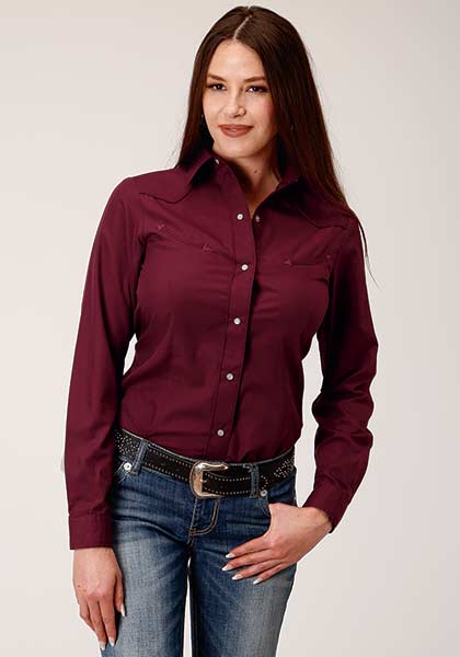 Roper Womens Snap Embroidery Broadcloth Wine - Broken horn