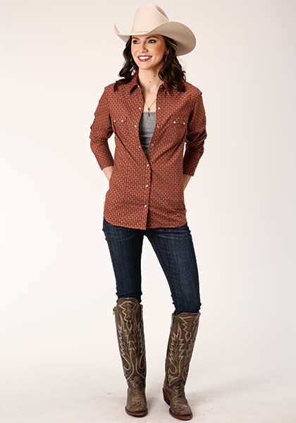 Roper Womens Snap Shirt All Over Print Arrow Geo Brown - Broken horn