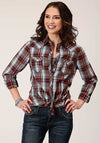 Roper Womens Snap Southwest Plaid Shirt Wine - Broken horn