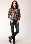 Roper Womens Snap Southwest Plaid Shirt Wine - Broken horn