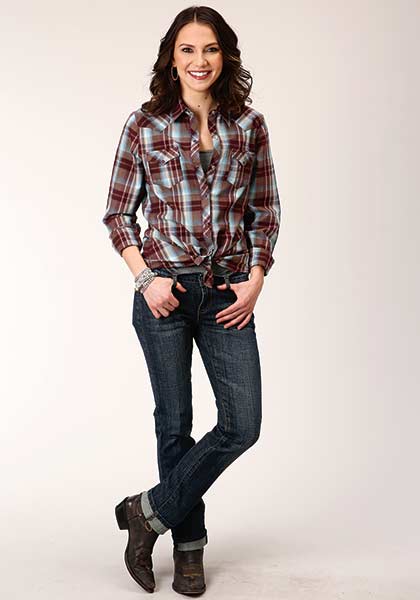 Roper Womens Snap Southwest Plaid Shirt Wine - Broken horn