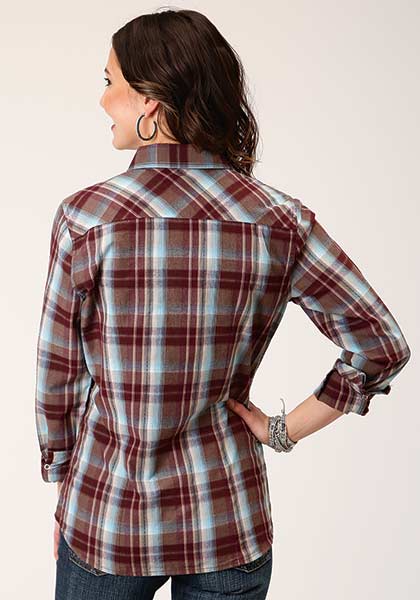 Roper Womens Snap Southwest Plaid Shirt Wine - Broken horn