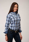 Women’s long sleeve Roper Amarillo plaid snap shirt in storm blue ombre, featuring a stylish casual design.