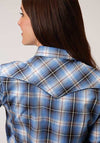 Women’s Roper Amarillo Plaid Snap Long Sleeve Storm Blue Ombre shirt with button snaps and plaid pattern.
