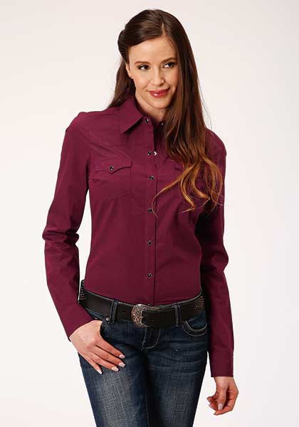Women's Roper long sleeve snap shirt in solid wine color, casual button-up shirt with a classic fit and stylish design.