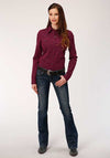 Women's Roper long sleeve snap shirt in solid wine color, featuring classic button-down design and casual style.