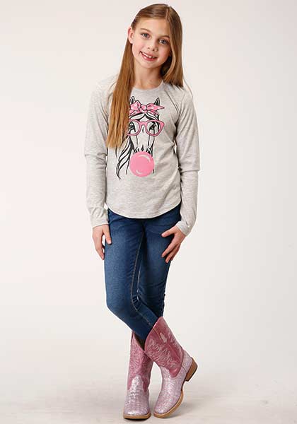 Roper Girls Knit Tee Shirt Grey - Broken horn