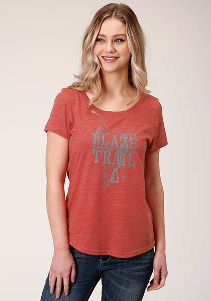 Roper Womens Printed Knit Tee - Red - Broken horn