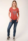 Roper Womens Printed Knit Tee - Red - Broken horn