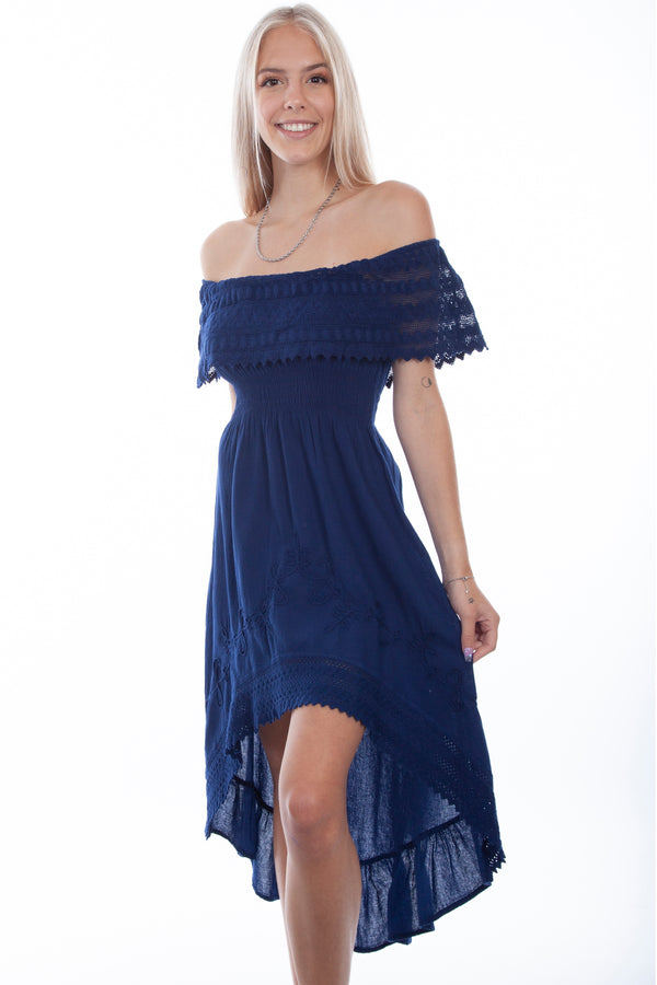 Royal blue off-shoulder high-low dress by SCULLY displayed on a hanger with flowing fabric and stylish design.