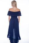 Royal blue off-shoulder high/low dress by Scully featuring flowing fabric and elegant design, perfect for formal or casual occasions.