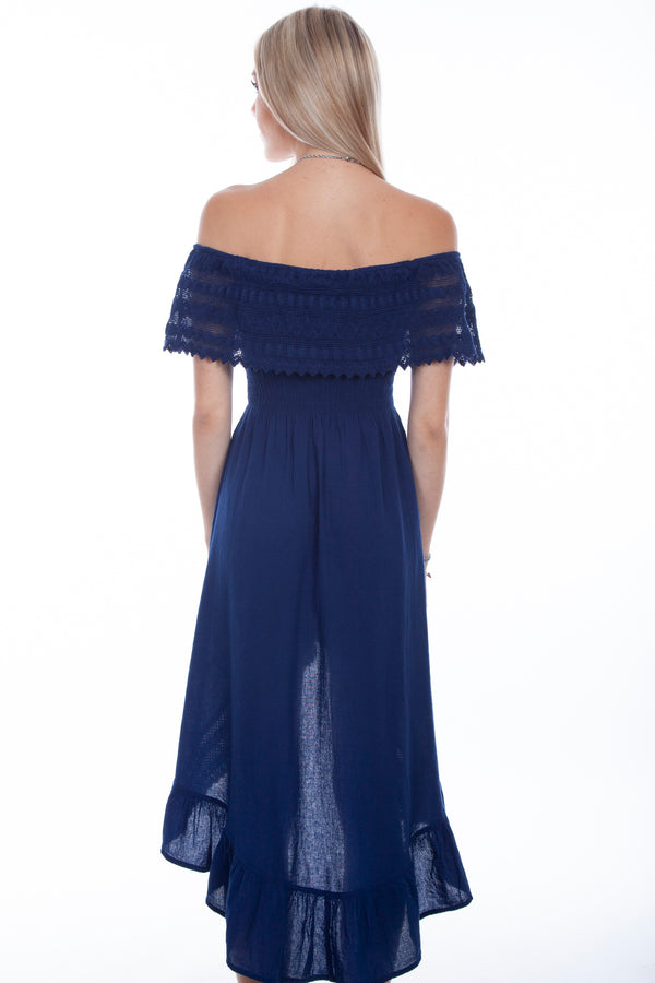 Royal blue off-shoulder high/low dress by Scully featuring flowing fabric and elegant design, perfect for formal or casual occasions.
