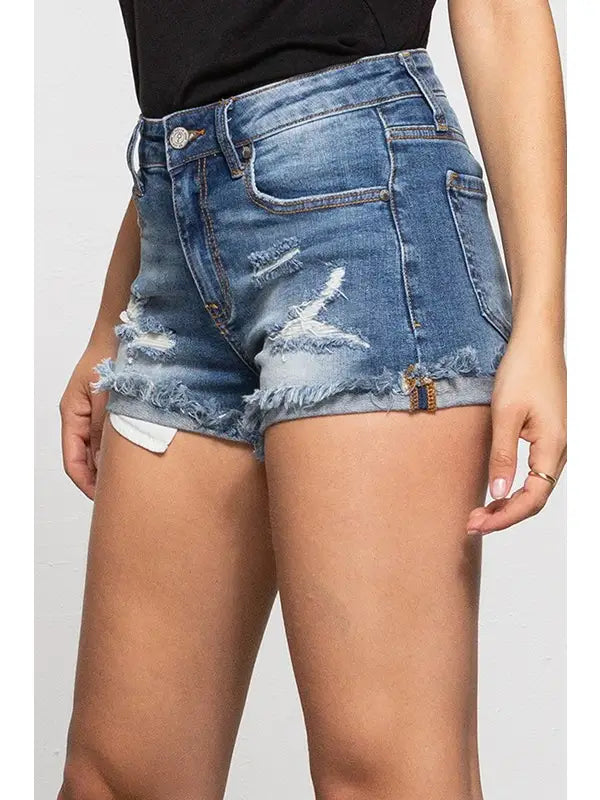 Distressed cuff shorts- Dark Denim - Broken horn
