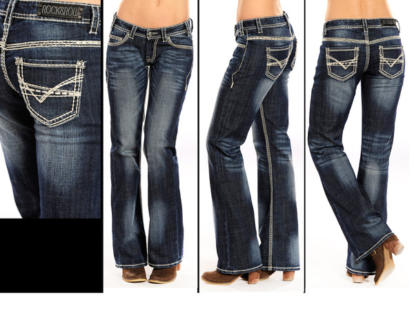 Rock & Roll Riding Dark Vintage Boot Cut Jean - Broken horn